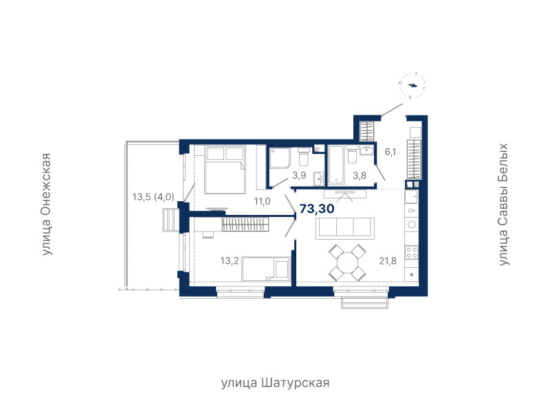 2-комнатная 72.1 м² — С мебелью