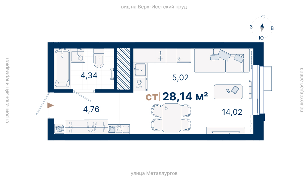 Планировка квартиры №ЖС1.16.31.6 в проекте Атлас Визион Дом 2 Студия 28.14 м² 31 этаж