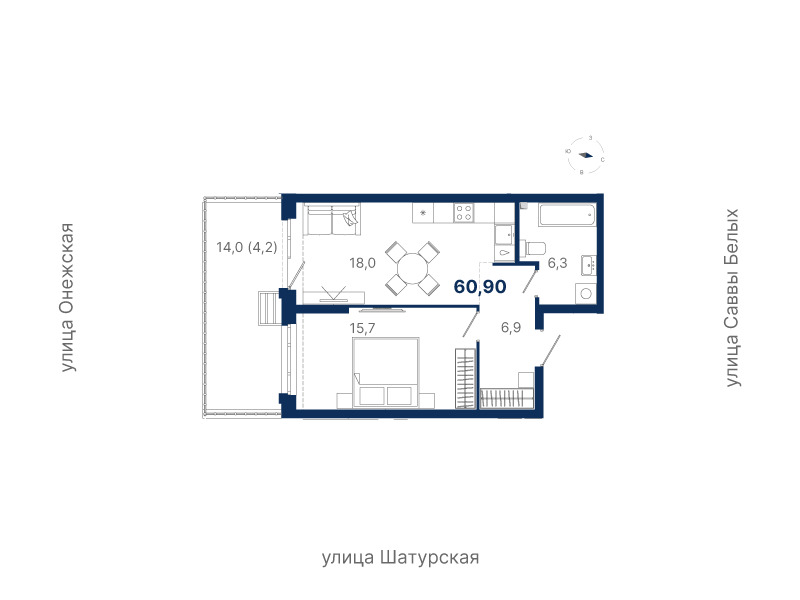 Планировка квартиры №2.3.5 в проекте Атлас Ауро Дом 2 1-комнатная 60.2 м² 3 этаж